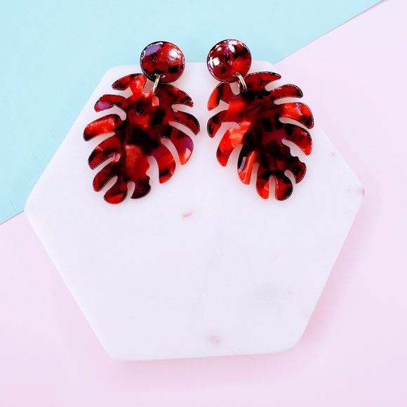 5 for $25 Red Palm Leaf Acrylic Resin Earrings - Picture 5 of 6